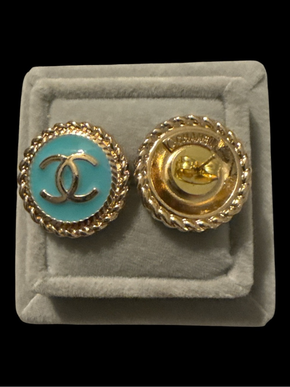 Upcycled Button Earrings – Aqua & Gold Edition earring studs - Picture 3 of 4
